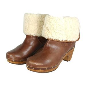 UGG Women's Lynnea US 7 Fold Over Leather Brown Shearling Cuff Clog Boot